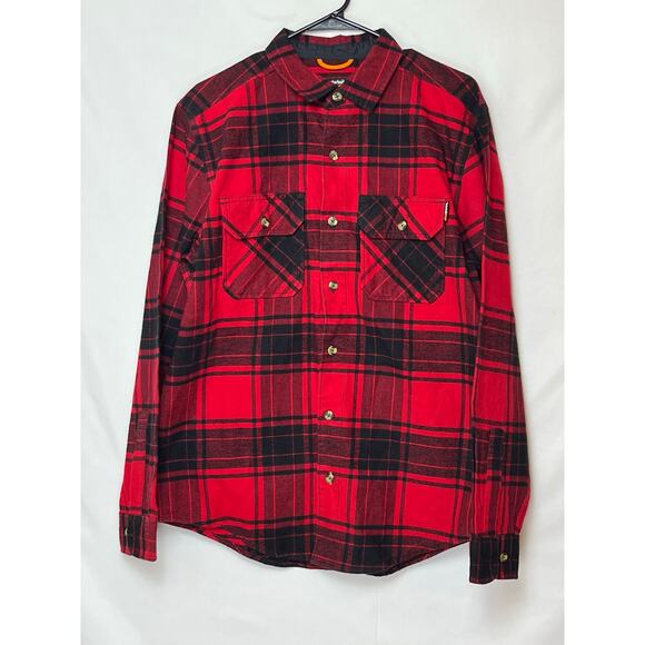 Timberland PRO Mens M Red Black Plaid Flannel Shirt Heavyweight Workwear Rugged - Picture 1 of 6